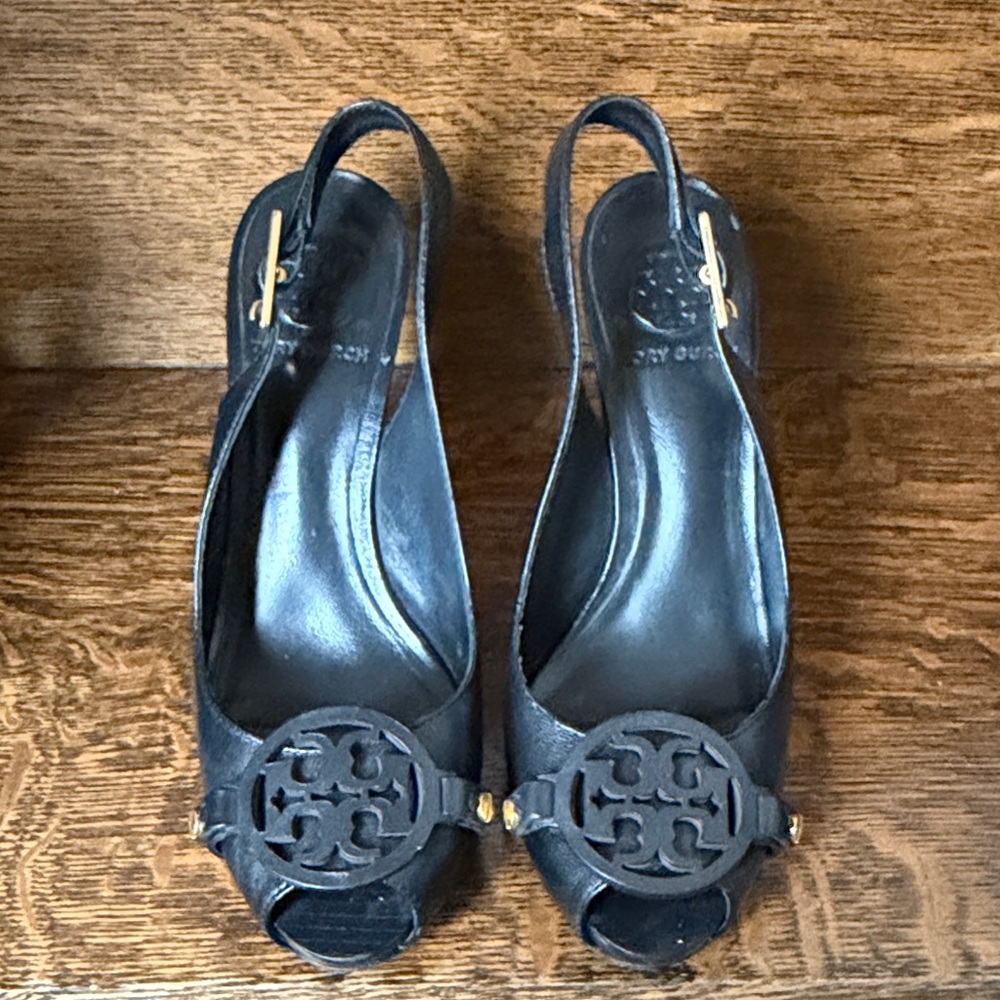 Tory Burch Black Peep-Toe Slingback Heels